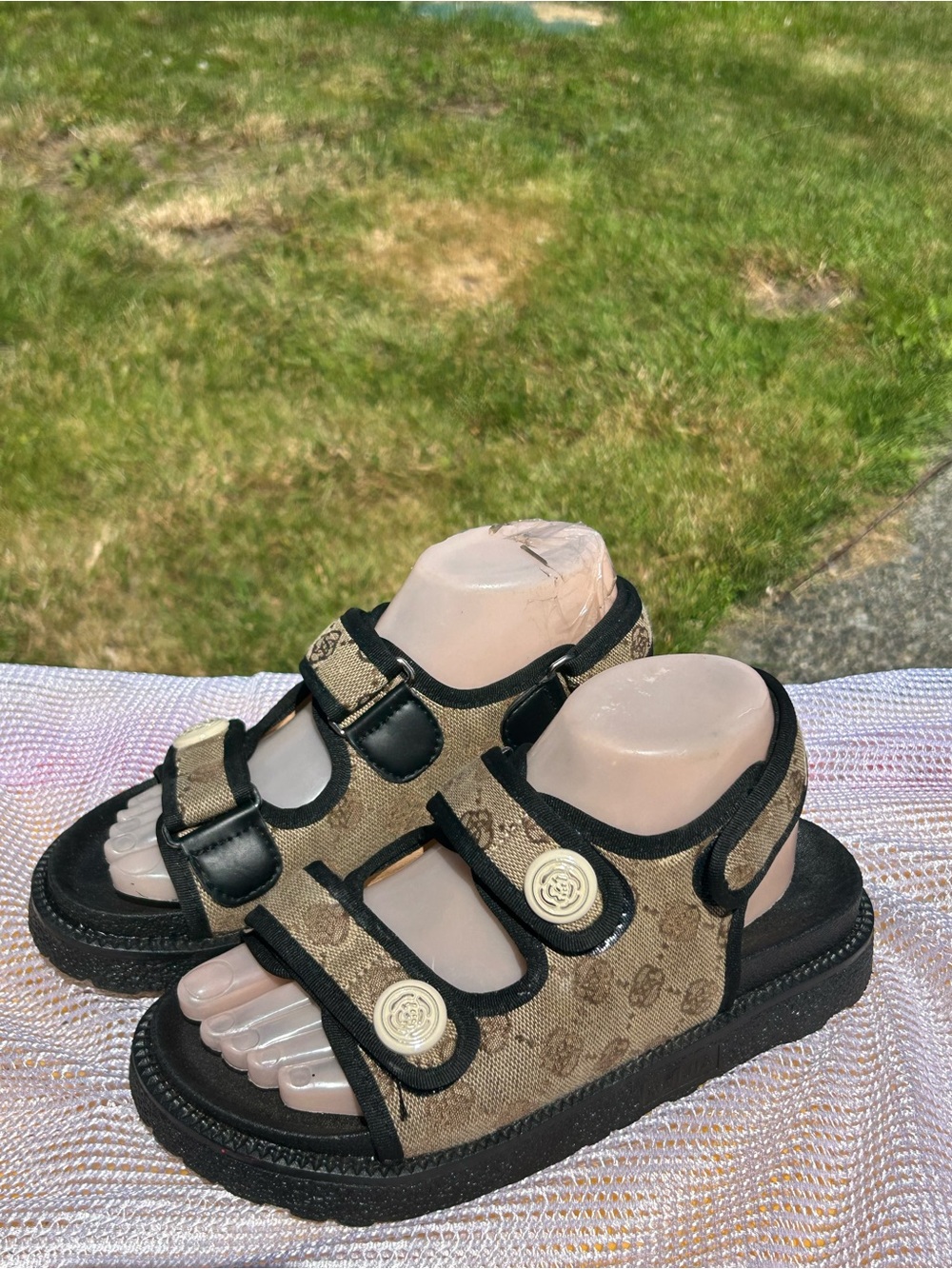 Womens Beige Monogram Sport Sandals with Black Trim Size 40/9.5US